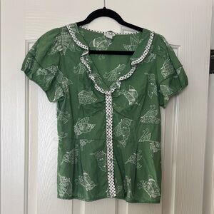 Odille Green and White Leaf Print Blouse